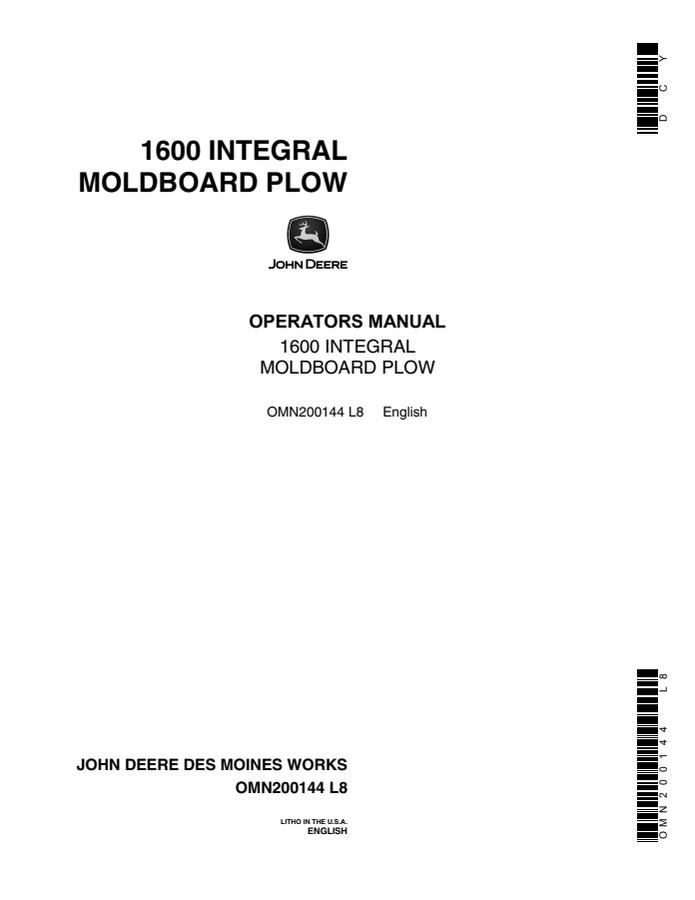 John Deere 1600 INTEGRAL MOLDBOARD PLOW Moldboard plow Operator manual OMN200144 — actual manual cover