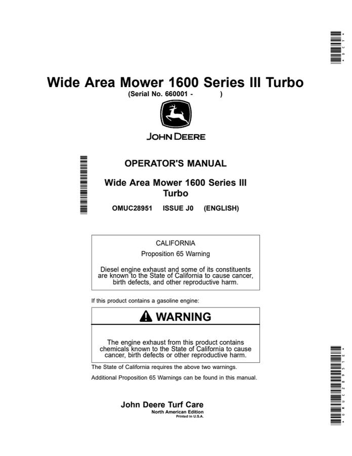 John Deere 1600 Series III Turbo Wide Area Mower Wide area mower Operator manual OMUC28951 — actual manual cover