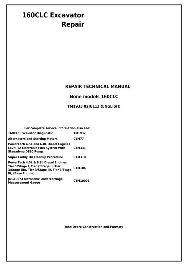 John Deere 160CLC Excavator Repair Technical Manual — actual manual cover
