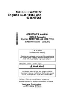 John Deere 160DLC Excavator Engine 4045HT056, 4045HT065 Excavator Operator manual OMT226911 — actual manual cover