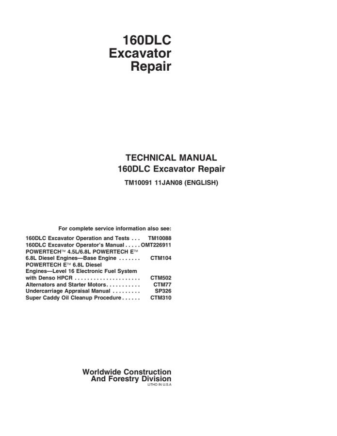 John Deere 160DLC Excavator Repair Technical Manual — actual manual cover