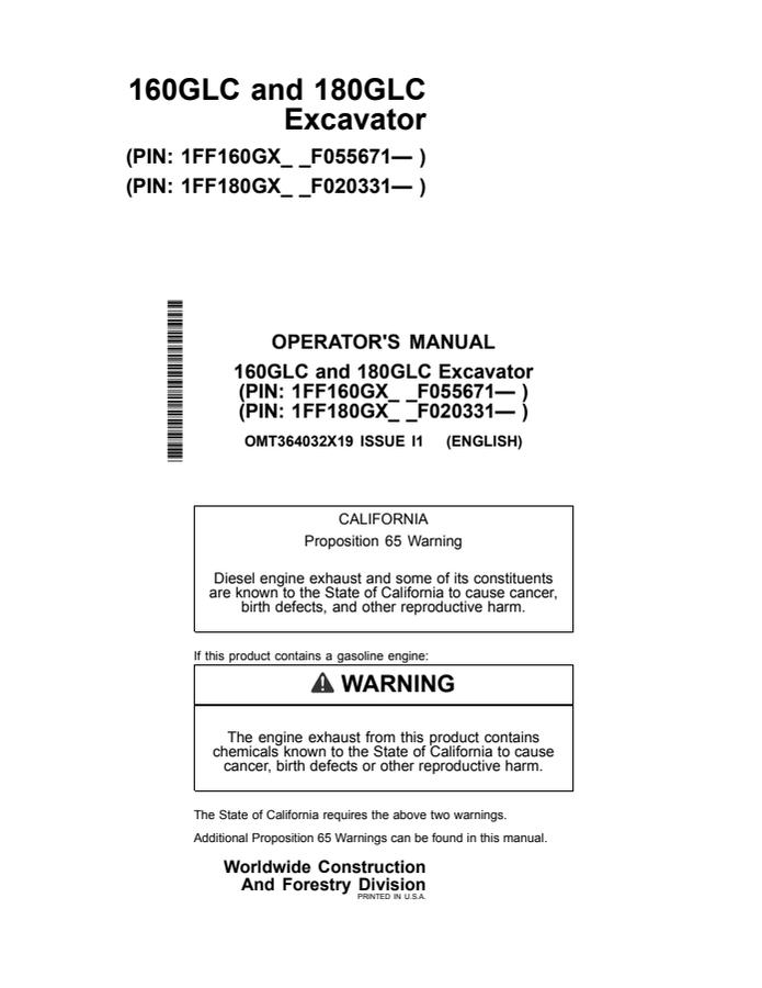 John Deere 160GLC, 180GLC Excavator Excavator Operator manual OMT364032X19 — actual manual cover