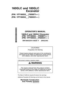 John Deere 160GLC, 180GLC Excavator Excavator Operator manual OMT364032X19 — actual manual cover
