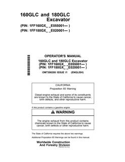 John Deere 160GLC, 180GLC Excavator Operator Manual OMT306200 — actual manual cover