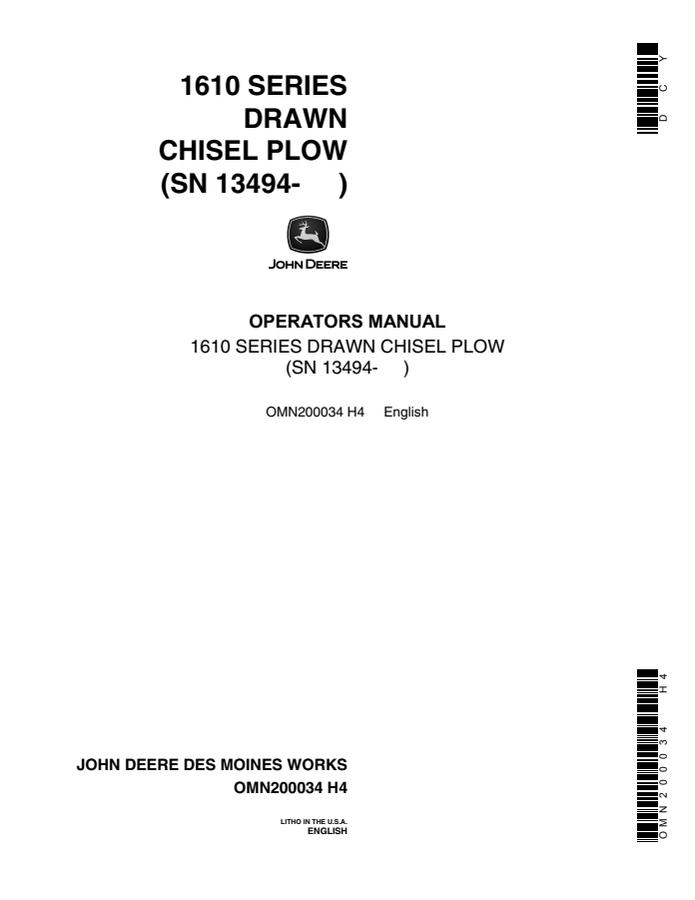 John Deere 1610 SERIES DRAWN CHISEL PLOW Chisel plow Operator manual OMN200034 — actual manual cover