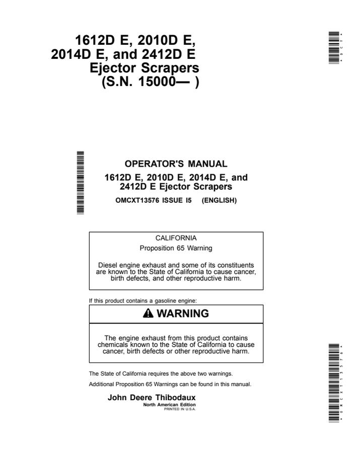 John Deere 1612D E, 2010D E, 2014D E, 2412D E Ejector Scraper Ejector scraper Operator manual OMCXT13576 — actual manual cover