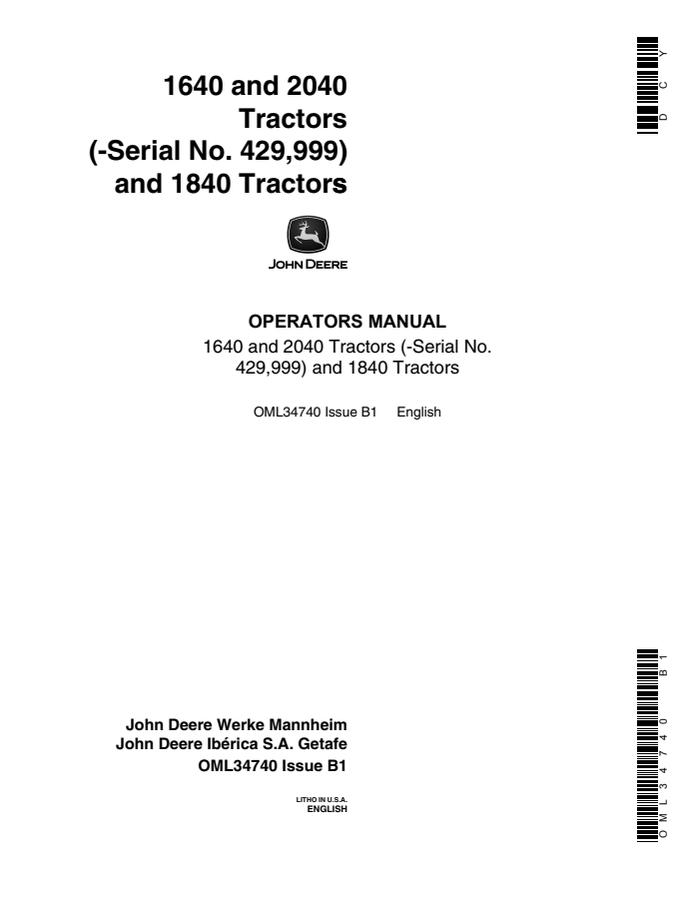 John Deere 1640, 2040, 1840 Tractors Tractor Operator manual OML34740 — actual manual cover