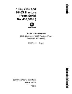John Deere 1640, 2040, 2040 S Tractors Tractor Operator manual OML37104 — actual manual cover