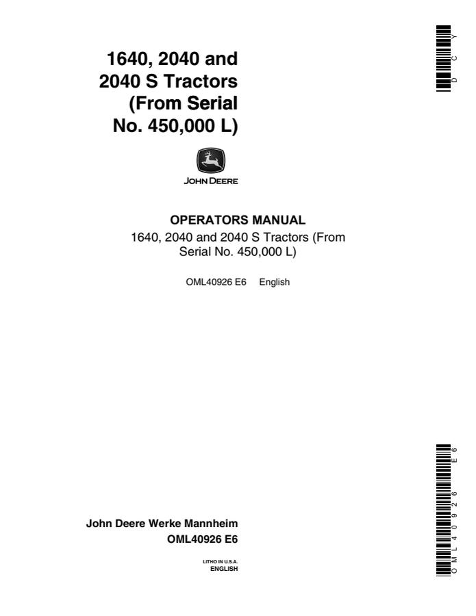 John Deere 1640, 2040, 2040 S Tractors Tractor Operator manual OML40926 — actual manual cover