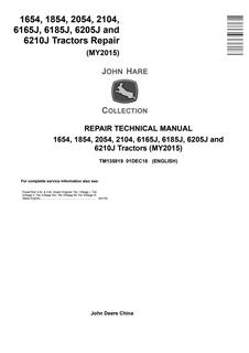 John Deere 1654, 1854, 2054, 2104, 6165J, 6185J, 6205J, 6210J Tractor Repair Technical Manual — actual manual cover