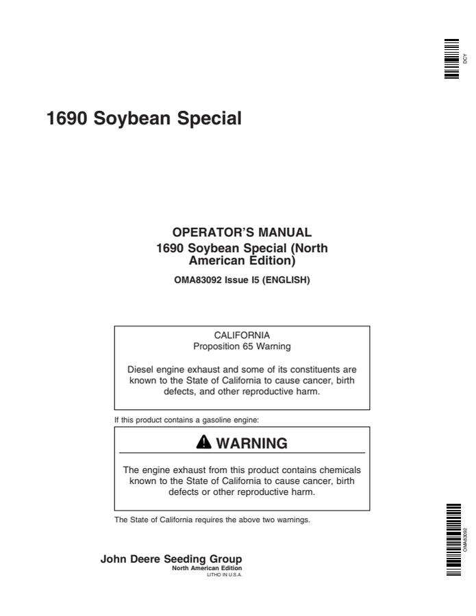 John Deere 1690 Soybean Special Soybean Special Operator manual OMA83092 — actual manual cover