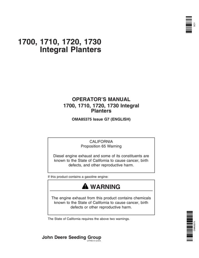 John Deere 1700, 1710, 1720, 1730 Integral Planter Planter Operator manual OMA85375 — actual manual cover