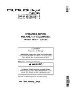 John Deere 1700, 1710, 1730 Integral Planter Planter Operator manual OMA88554 — actual manual cover