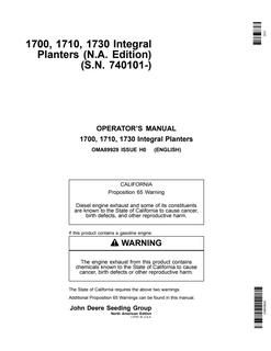 John Deere 1700, 1710, 1730 Planter Operator Manual OMA89929 — actual manual cover