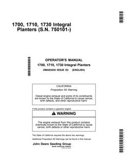 John Deere 1700, 1710, 1730 Planter Operator Manual OMA93835 — actual manual cover