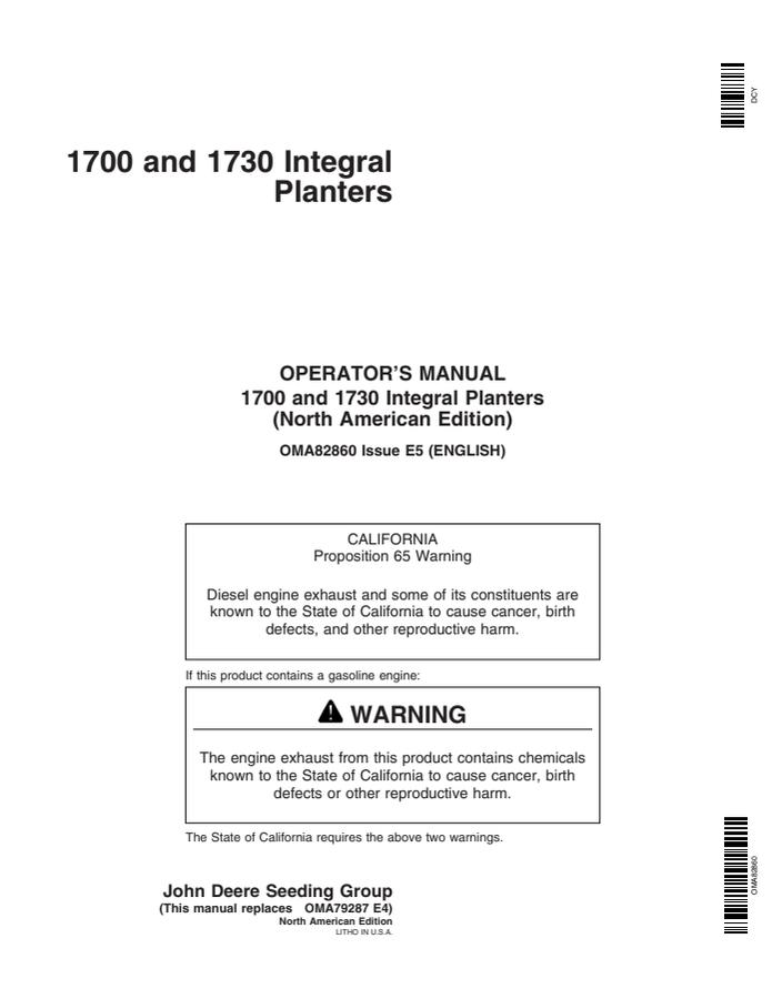 John Deere 1700, 1730 Integral Planter Planter Operator manual OMA82860 — actual manual cover