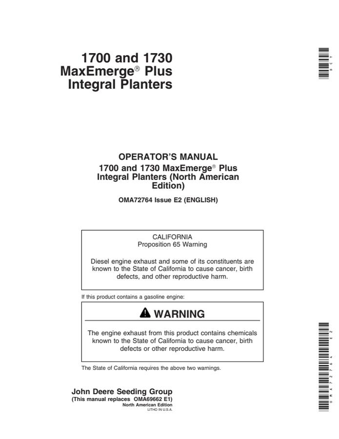 John Deere 1700, 1730 MaxEmerge Plus Integral Planter Planter Operator manual OMA72764 — actual manual cover
