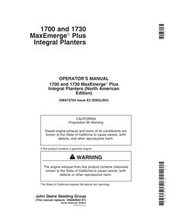 John Deere 1700, 1730 Planter Operator Manual OMA72764 — actual manual cover