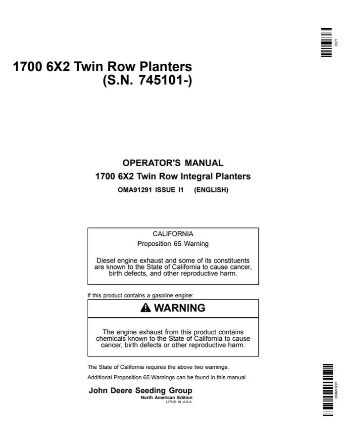 John Deere 1700 6X2 Twin Row Integral Planter Planter Operator manual OMA91291 — actual manual cover