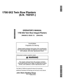 John Deere 1700 6X2 Twin Row Integral Planter Planter Operator manual OMA96312 — actual manual cover