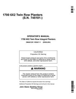 John Deere 1700 Planter Operator Manual OMA91291 — actual manual cover