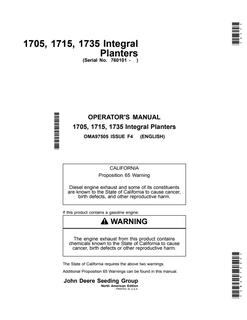 John Deere 1705, 1715, 1735 Integral Planter Planter Operator manual OMA97505 — actual manual cover