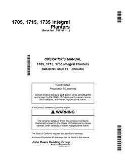 John Deere 1705, 1715, 1735 Planter Operator Manual OMA103723 — actual manual cover
