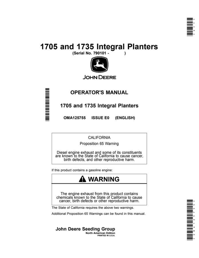 John Deere 1705, 1735 Integral Planter Planter Operator manual OMA125755 — actual manual cover