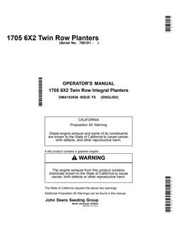 John Deere 1705 6X2 Twin Row Integral Planter Planter Operator manual OMA103936 — actual manual cover