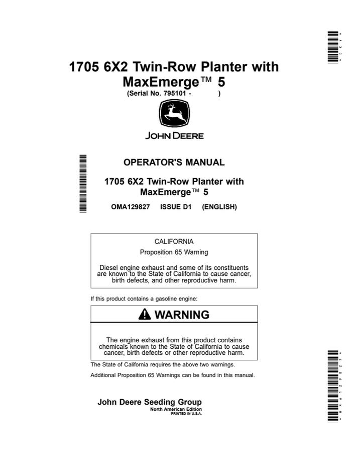 John Deere 1705 6X2 Twin-Row; MaxEmerge 5 Planter Operator manual OMA129827 — actual manual cover