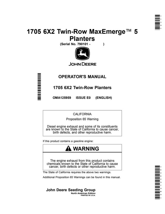 John Deere 1705 6X2 Twin-Row MaxEmerge 5 Planter Planter Operator manual OMA125959 — actual manual cover