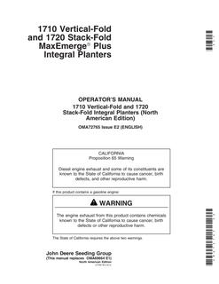 John Deere 1710 Vertical-Fold, 1720 Stack-Fold MaxEmerge Plus Integral Planter Operator's manual OMA72765 — actual manual cover