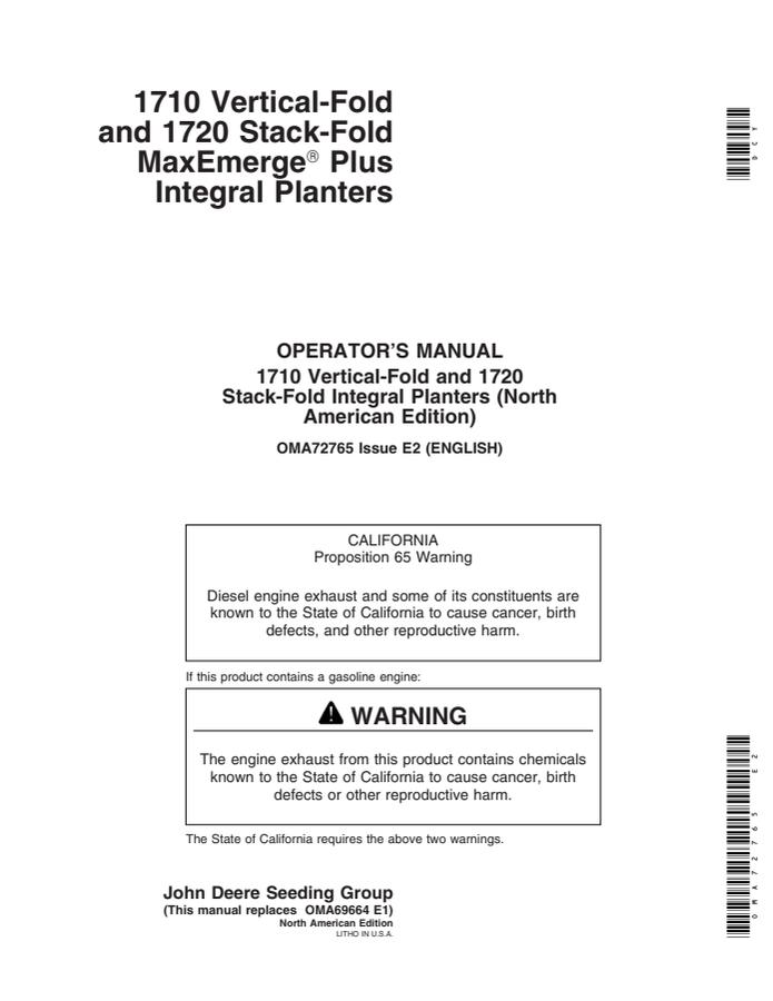 John Deere 1710 Vertical-Fold and 1720 Stack-Fold MaxEmerge Plus Integral Planters Operator's Manual — actual manual cover