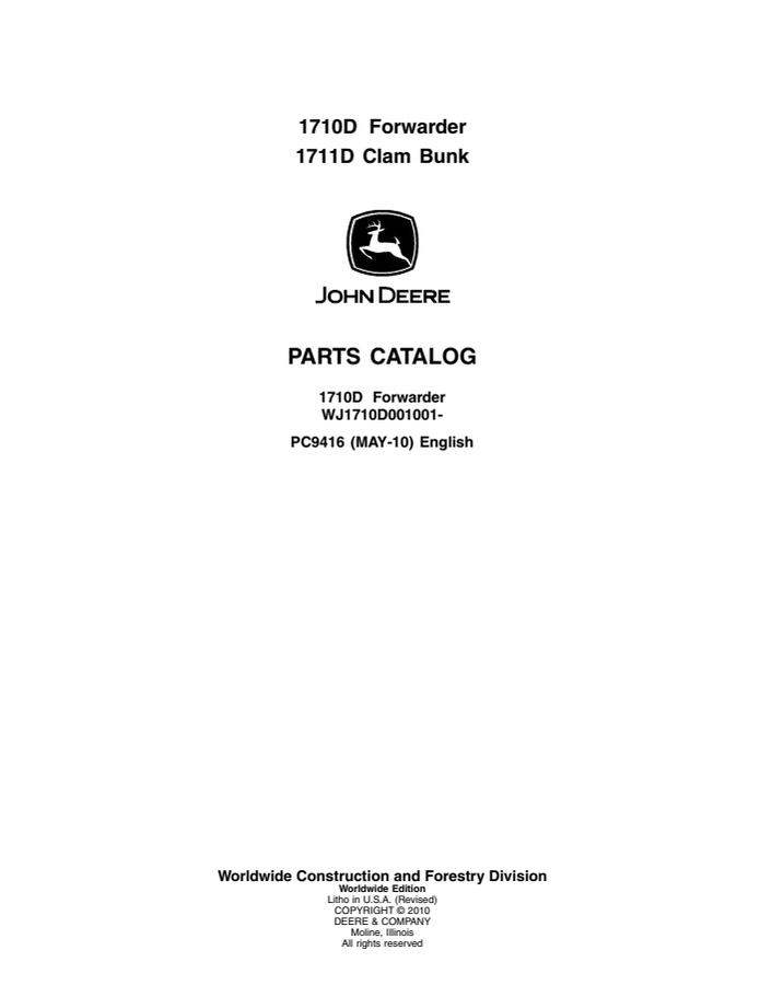 John Deere 1710D Forwarder and 1711D Clam Bunk Parts Catalog — actual manual cover