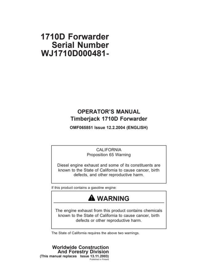 John Deere 1710D Forwarder Operator manual OMF065851 — actual manual cover