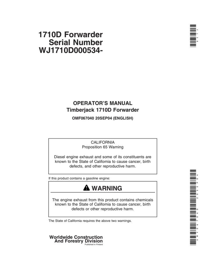 John Deere 1710D Forwarder Operator manual OMF067040 — actual manual cover