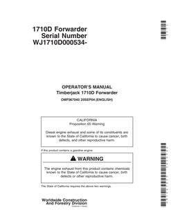 John Deere 1710D Forwarder Operator manual OMF067040 — actual manual cover