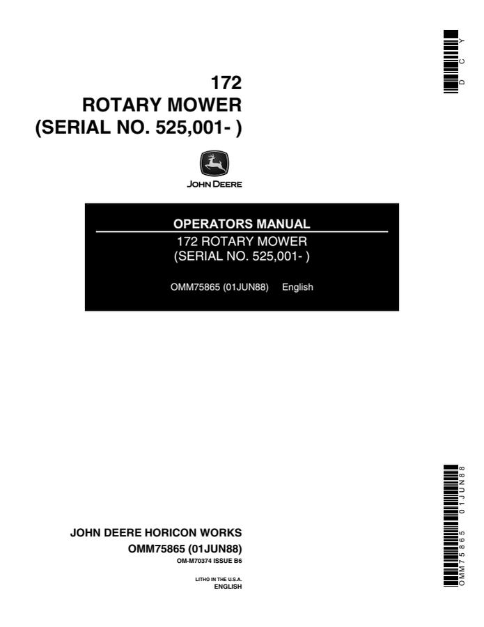 John Deere 172 Rotary Mower Operator's Manual — actual manual cover