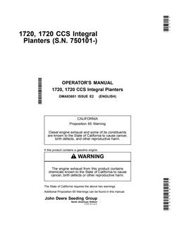 John Deere 1720, 1720 CCS Integral Planter Planter Operator manual OMA93851 — actual manual cover