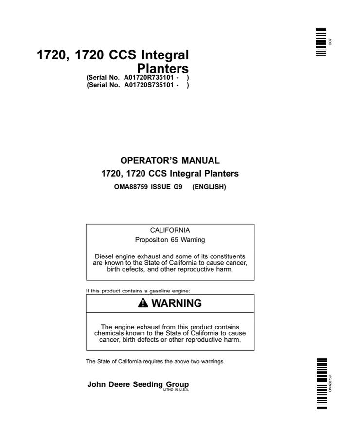 John Deere 1720 and 1720 CCS Integral Planters Operator's Manual — actual manual cover