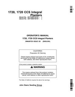 John Deere 1720 and 1720 CCS Integral Planters Operator's Manual — actual manual cover