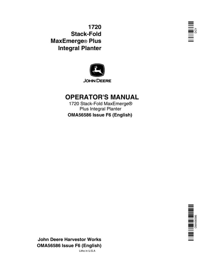 John Deere 1720 Stack-Fold MaxEmerge Plus Integral Planter OMA56586 Planter Operator manual OMA56586 — actual manual cover