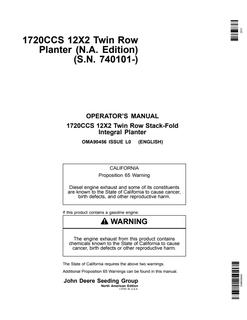 John Deere 1720CCS 12X2 Twin Row Stack-Fold Integral Planter Planter Operator manual OMA90456 — actual manual cover