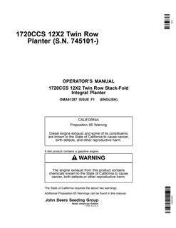John Deere 1720CCS 12X2 Twin Row Stack-Fold Integral Planter Planter Operator manual OMA91287 — actual manual cover