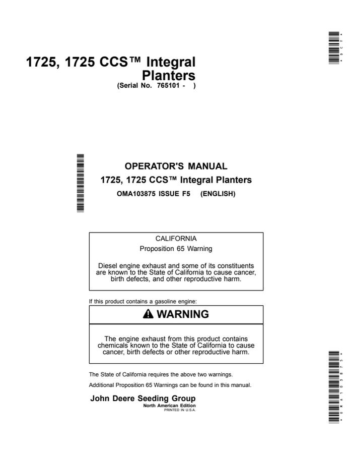 John Deere 1725, 1725 CCS Integral Planter Planter Operator manual OMA103875 — actual manual cover