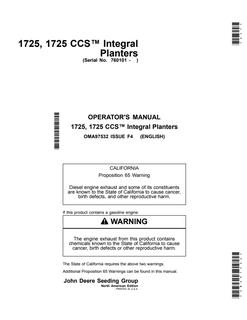 John Deere 1725, 1725 CCS Integral Planter Planter Operator manual OMA97532 — actual manual cover