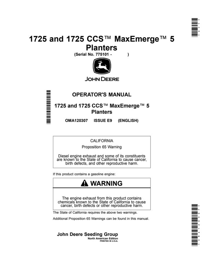 John Deere 1725, 1725 CCS MaxEmerge 5 Planter Planter Operator manual OMA120307 — actual manual cover