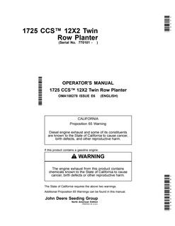 John Deere 1725 CCS 12X2 Twin Row Planter Planter Operator manual OMA108278 — actual manual cover