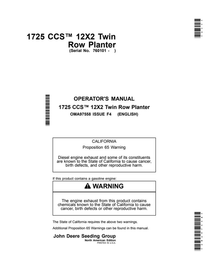 John Deere 1725 CCS 12X2 Twin Row Planter Planter Operator manual OMA97558 — actual manual cover