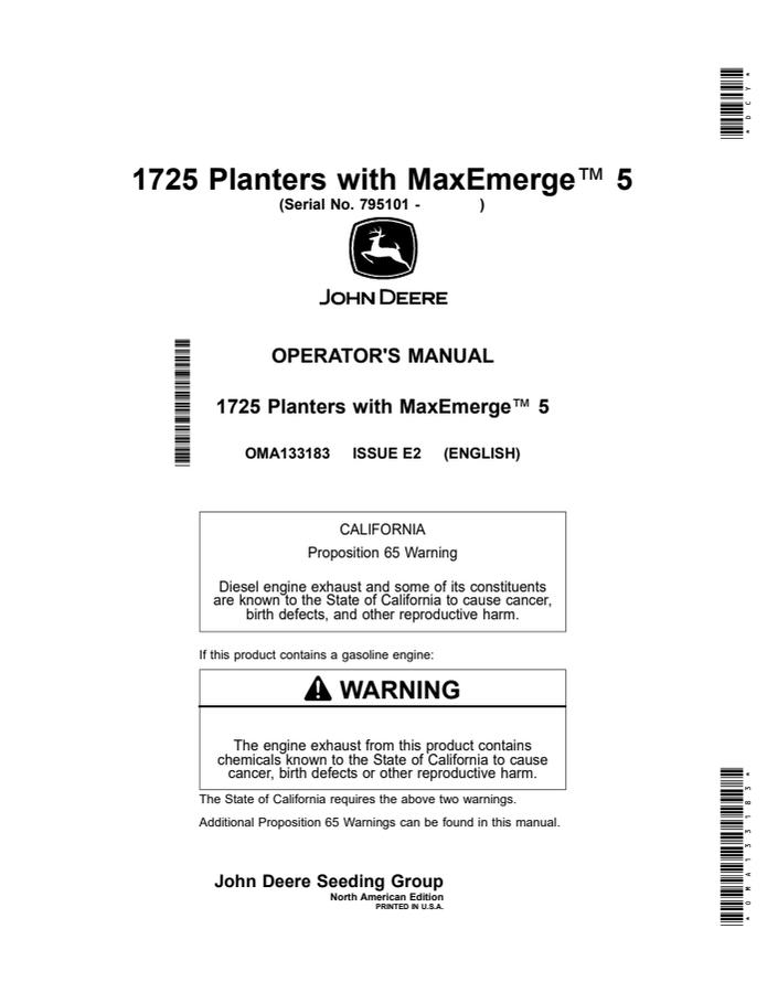John Deere 1725 Planter with MaxEmerge 5 Planter Operator manual OMA133183 — actual manual cover